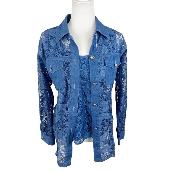 Saint Germain Paris Vintage Button Up Tank Top Blouse Women Medium Blue Floral - Picture 1 of 16